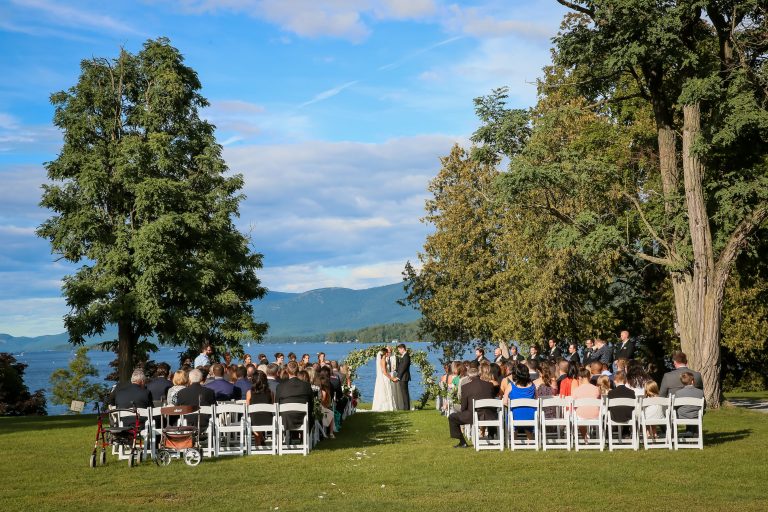 Wedding ceremony over looking Lake George