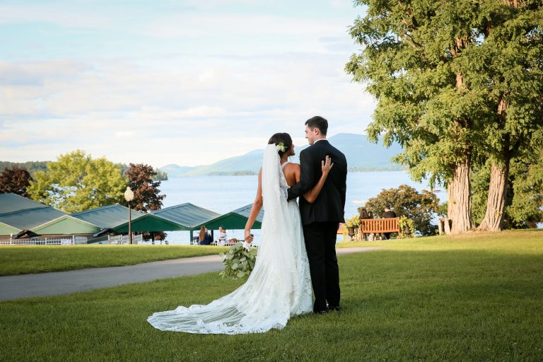 Bride and groom overlooking lake george