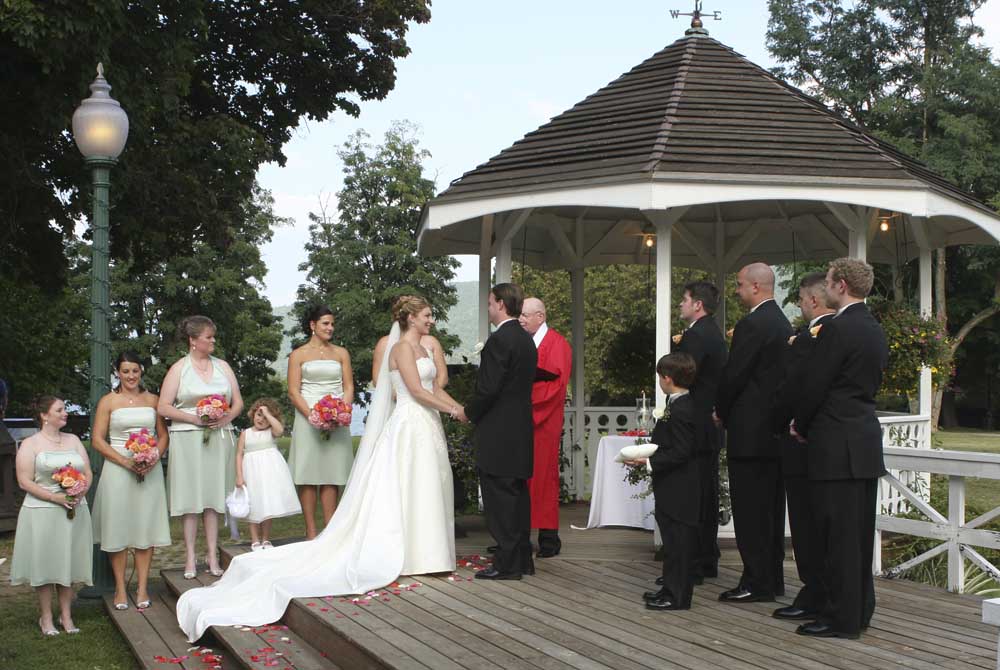 Bride and Groom at the Gazebo during their Lake George wedding ceremony
