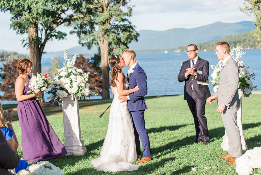 Bride and Groom kiss during their Lake George Summer Wedding