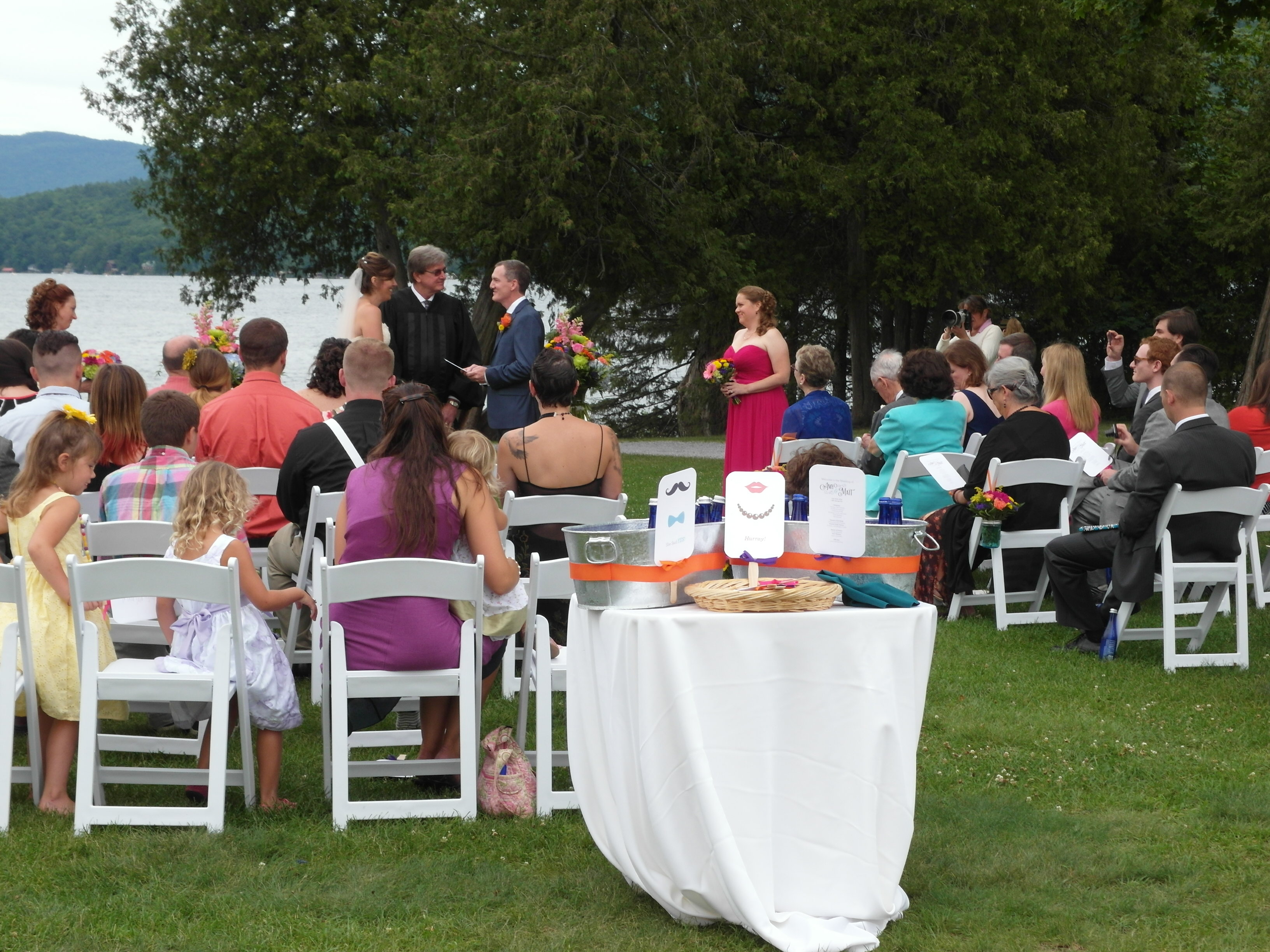 Summer outdoor wedding overlooking Lake George.