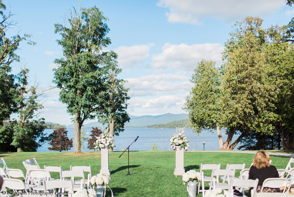 Adirondack Mountain and Lake George view during wedding ceremony