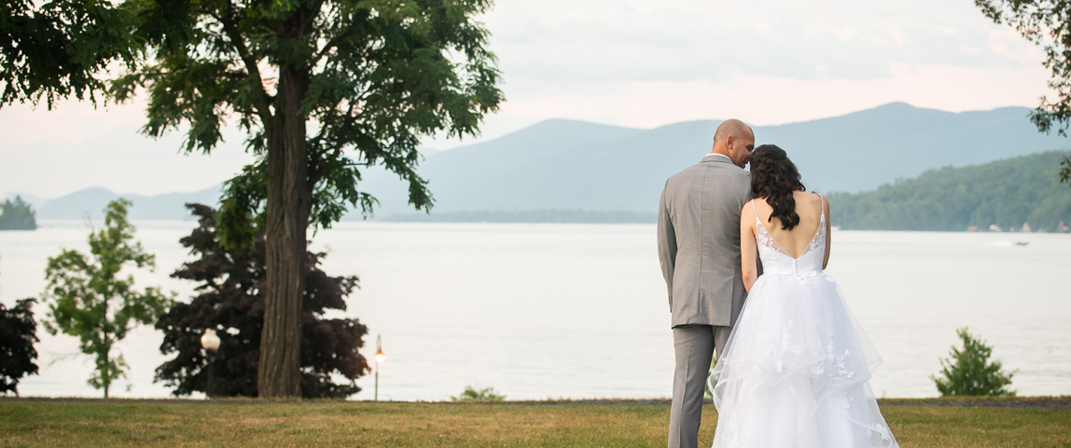 Wedding couple overlooking Lake George