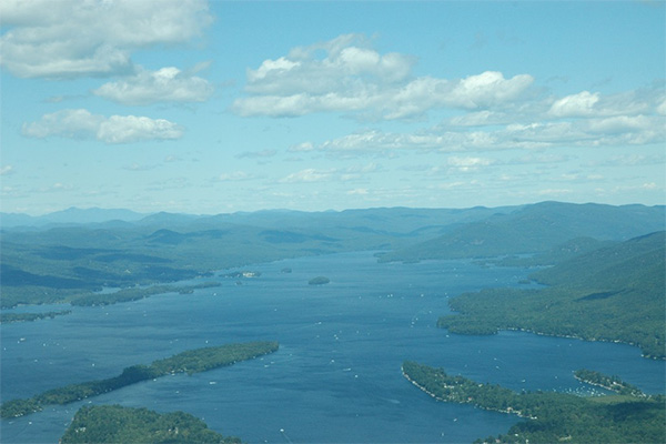 Aerial photo of lake George and Adirondack Mountains