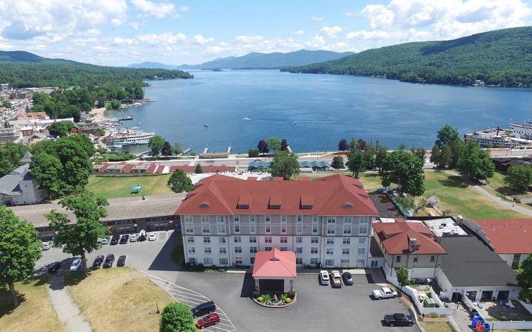 aerial photo of Fort William Henry Hotel and Lake George