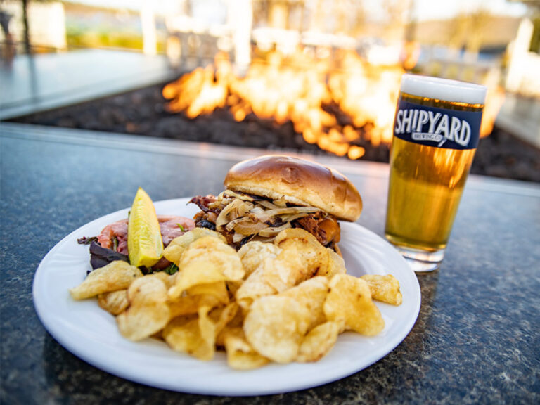 burger, chips and glass of beer