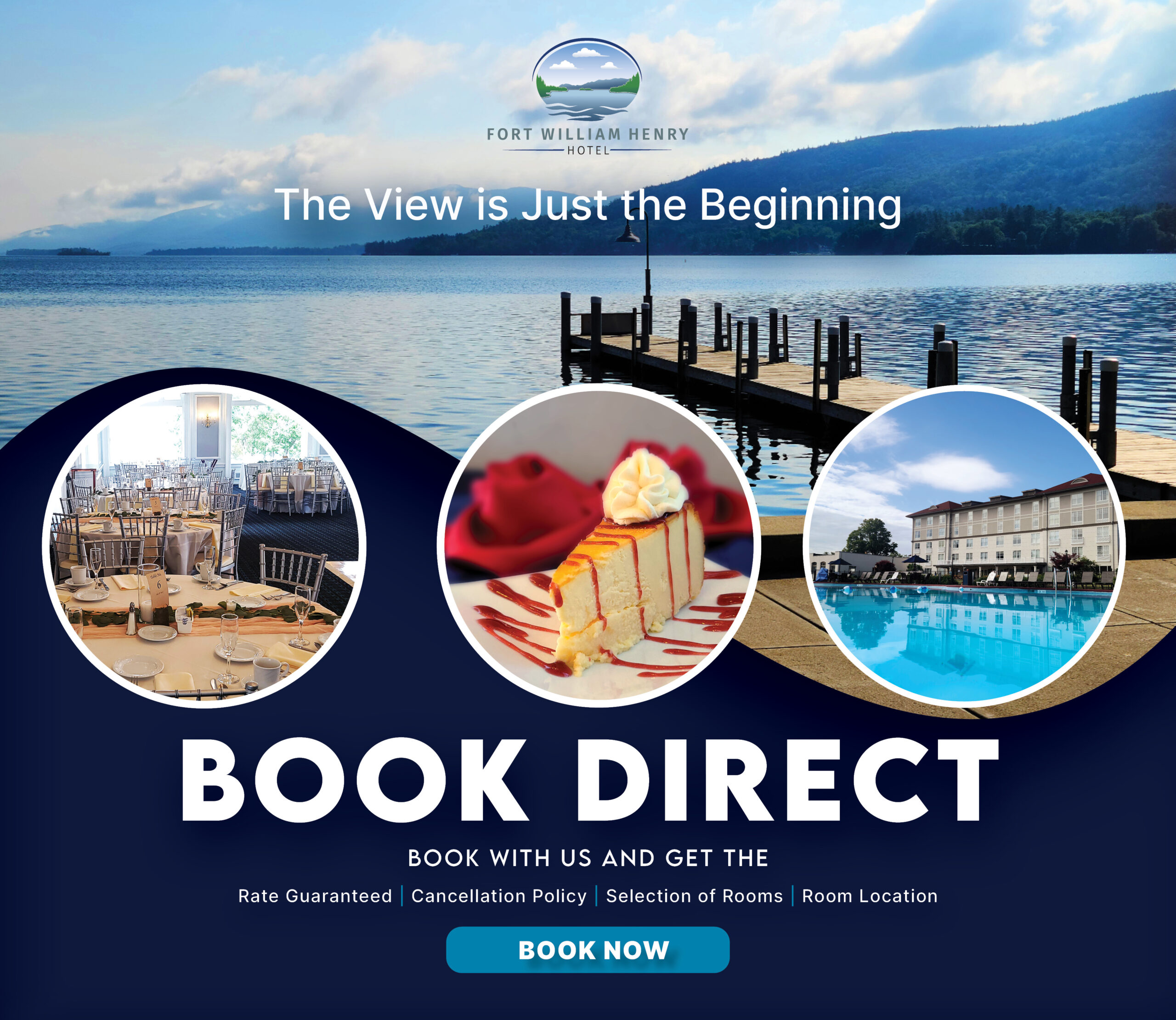 banner with photos of Fort William Henry instructing people to book direct