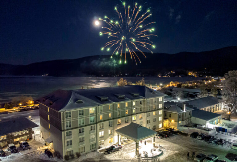 Dusk Photo of the Hotel with a firework going off above