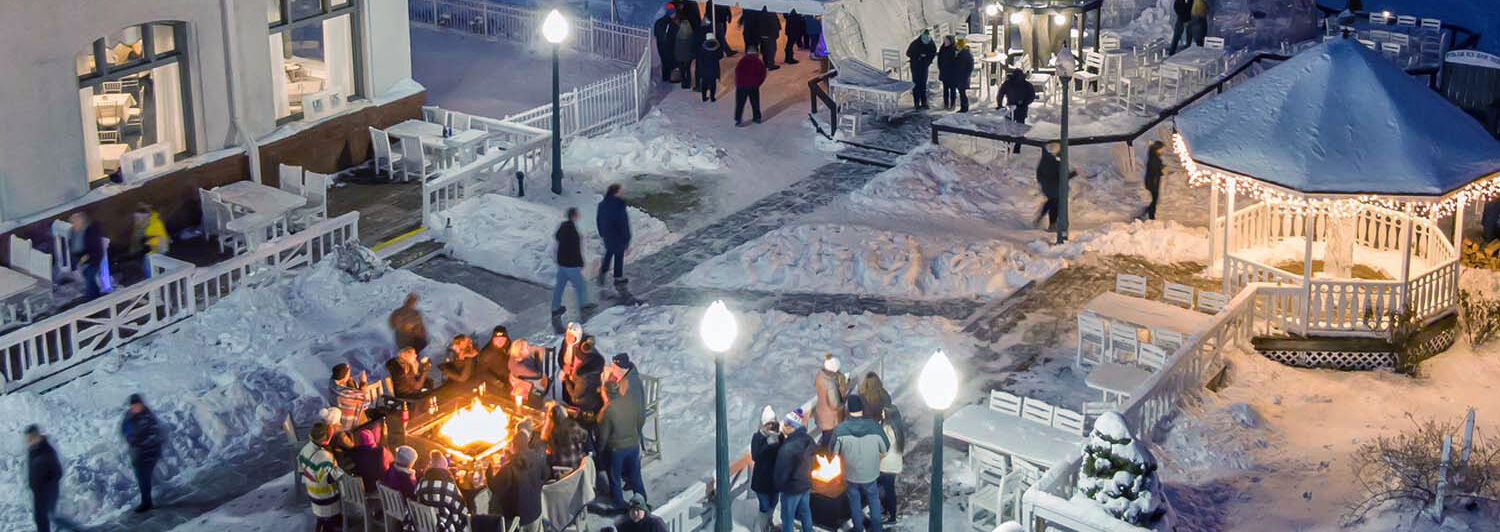 arial shot of the fort william henry ice bar at night