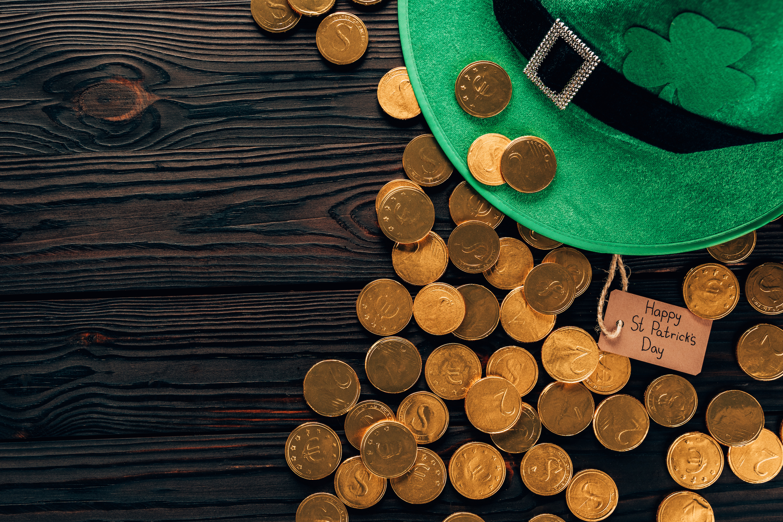 top view of green hat and golden coins, st patricks day concept