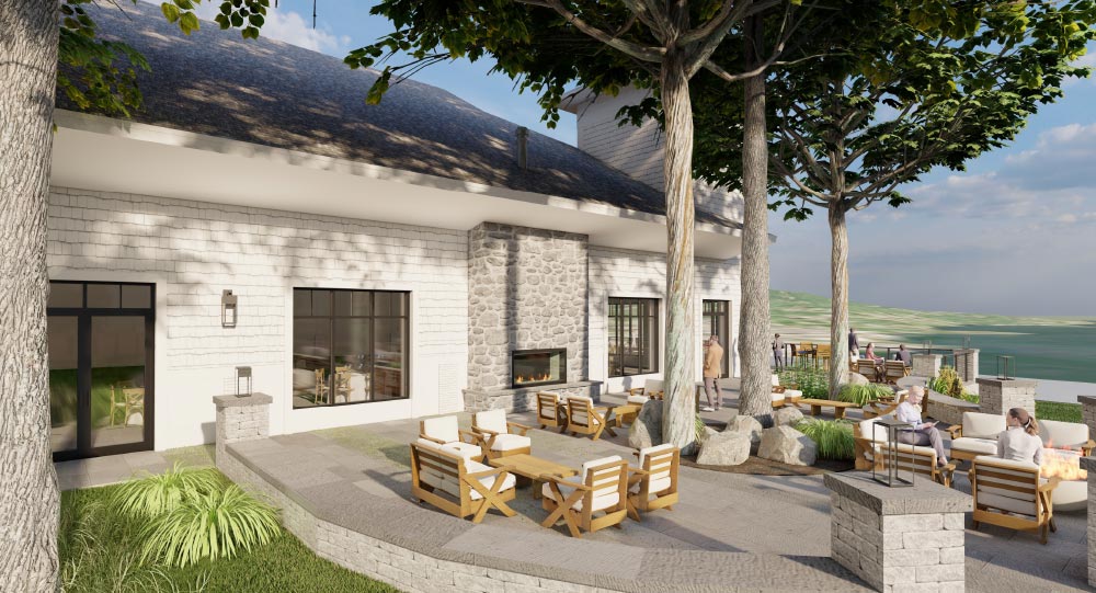 Carriage house patio area rendering with outdoor fireplace