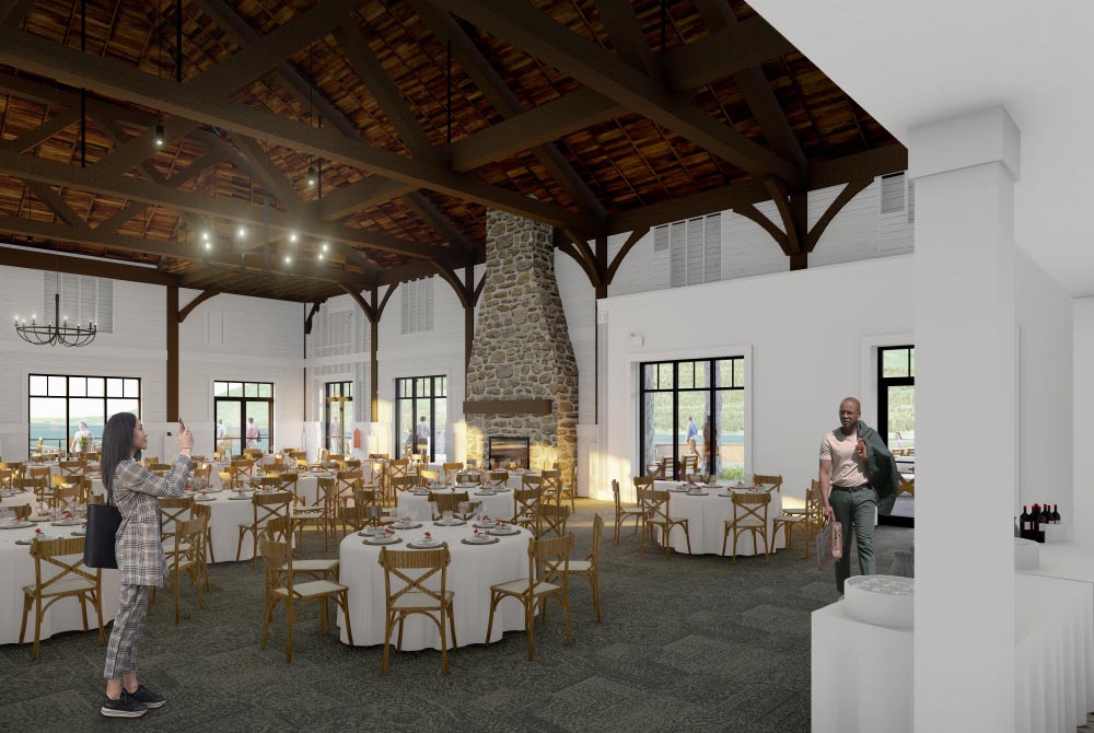 Carriage house interior room rendering with tables and chairs and a indoor fireplace
