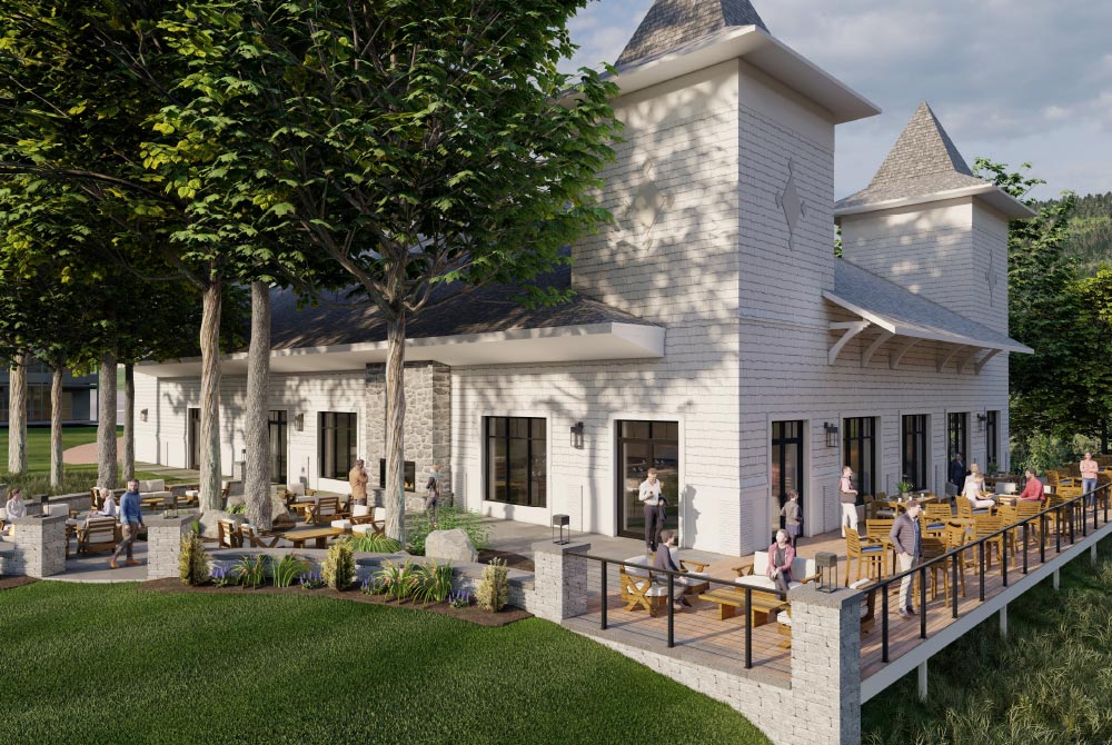 Carriage house with deck building exterior rendering