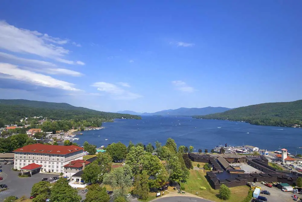 aerial view overlooking and Lake George